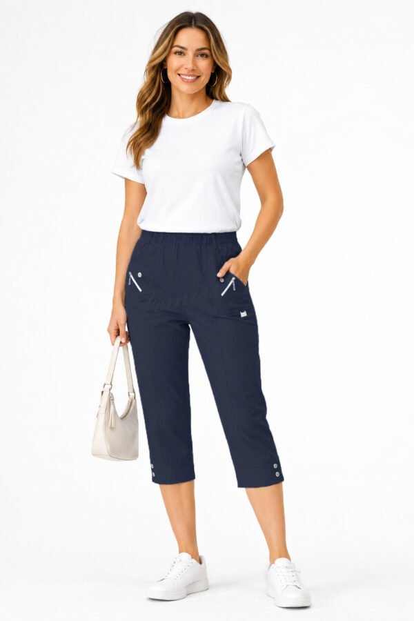 Women's Cropped Trousers with Elasticated Waist – Navy Blue | Soft Stretch Capri 3/4 Summer Pants with Pockets