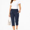 Women's Cropped Trousers with Elasticated Waist – Navy Blue | Soft Stretch Capri 3/4 Summer Pants with Pockets