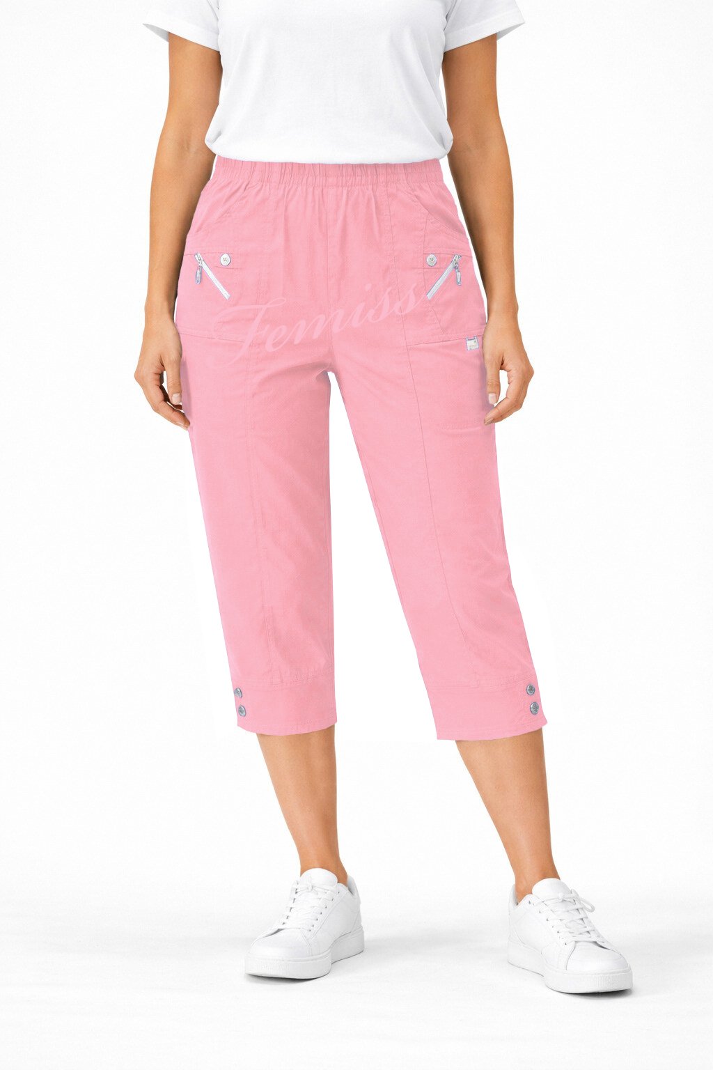 Women's Cropped Trousers with Elasticated Waist – Dusty Pink | Soft Stretch Capri 3/4 Summer Pants with Pockets