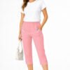 Women's Cropped Trousers with Elasticated Waist – Dusty Pink | Soft Stretch Capri 3/4 Summer Pants with Pockets