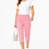 Women's Cropped Trousers with Elasticated Waist – Dusty Pink | Soft Stretch Capri 3/4 Summer Pants with Pockets