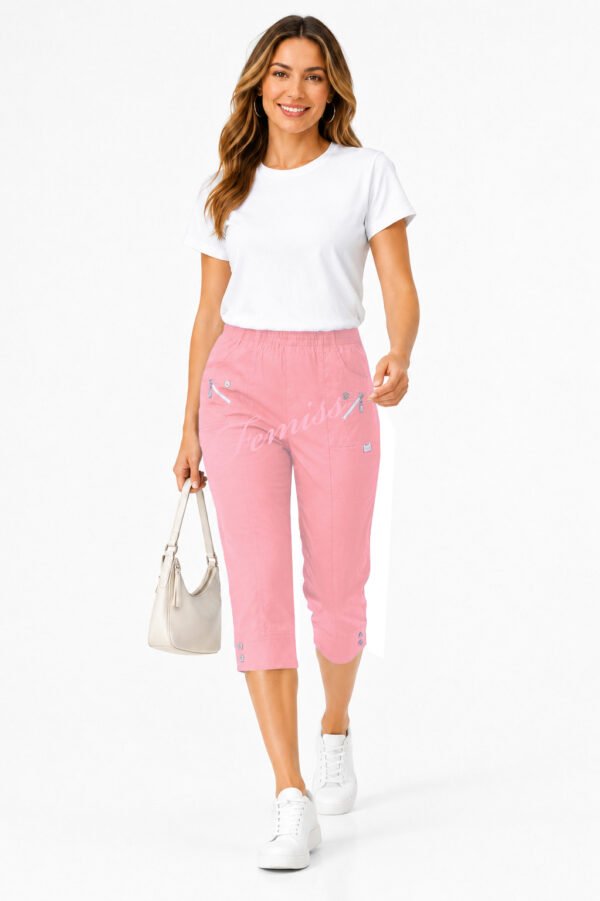 Women's Cropped Trousers with Elasticated Waist – Dusty Pink | Soft Stretch Capri 3/4 Summer Pants with Pockets