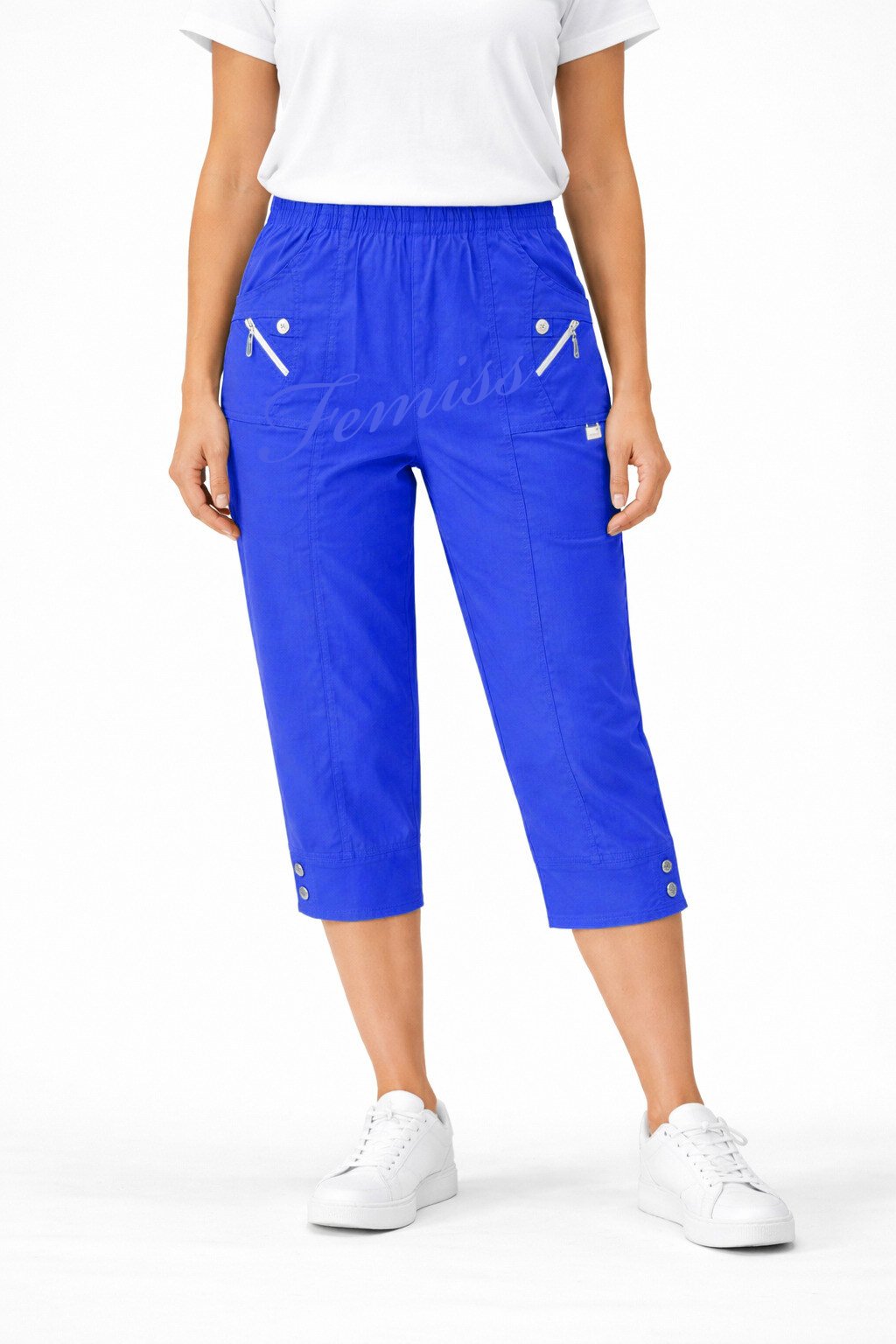 Women's Cropped Trousers with Elasticated Waist – Royal Blue | Soft Stretch Capri 3/4 Summer Pants with Pockets