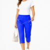 Women's Cropped Trousers with Elasticated Waist – Royal Blue | Soft Stretch Capri 3/4 Summer Pants with Pockets