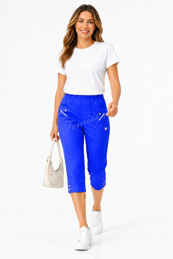 Women's Cropped Trousers with Elasticated Waist – Royal Blue | Soft Stretch Capri 3/4 Summer Pants with Pockets