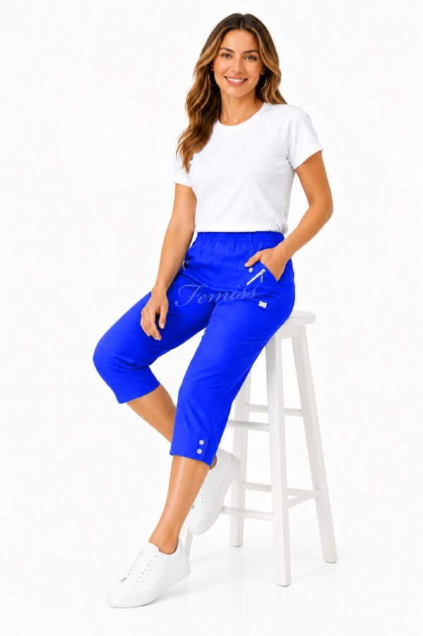Women's Cropped Trousers with Elasticated Waist – Royal Blue | Soft Stretch Capri 3/4 Summer Pants with Pockets