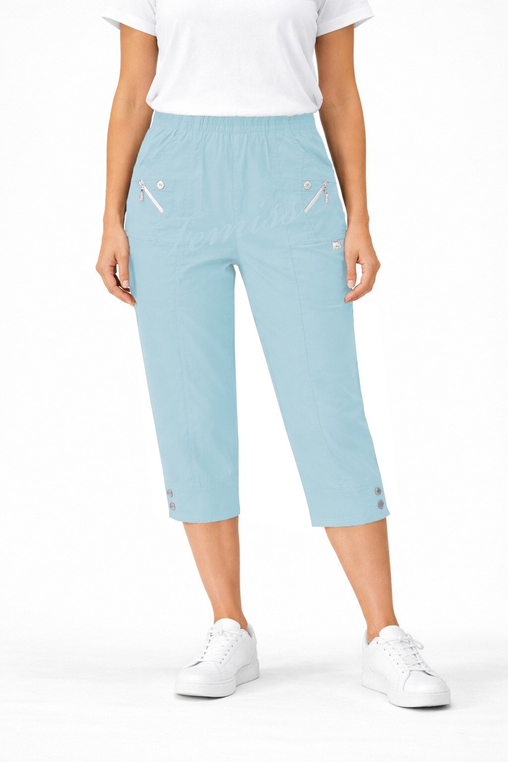 Women's Cropped Trousers with Elasticated Waist – Sky Blue | Soft Stretch Capri 3/4 Summer Pants with Pockets