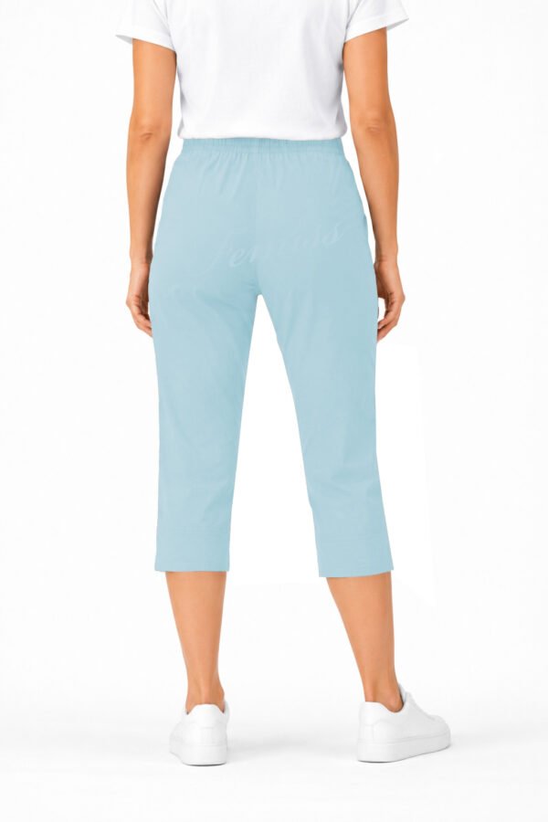 Women's Cropped Trousers with Elasticated Waist – Sky Blue | Soft Stretch Capri 3/4 Summer Pants with Pockets