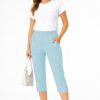 Women's Cropped Trousers with Elasticated Waist – Sky Blue | Soft Stretch Capri 3/4 Summer Pants with Pockets