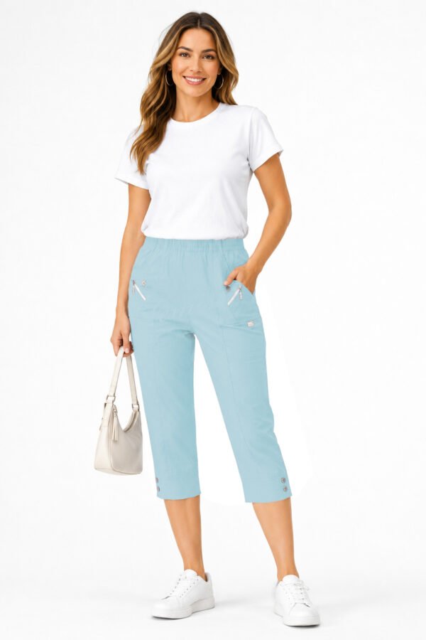 Women's Cropped Trousers with Elasticated Waist – Sky Blue | Soft Stretch Capri 3/4 Summer Pants with Pockets