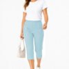 Women's Cropped Trousers with Elasticated Waist – Sky Blue | Soft Stretch Capri 3/4 Summer Pants with Pockets