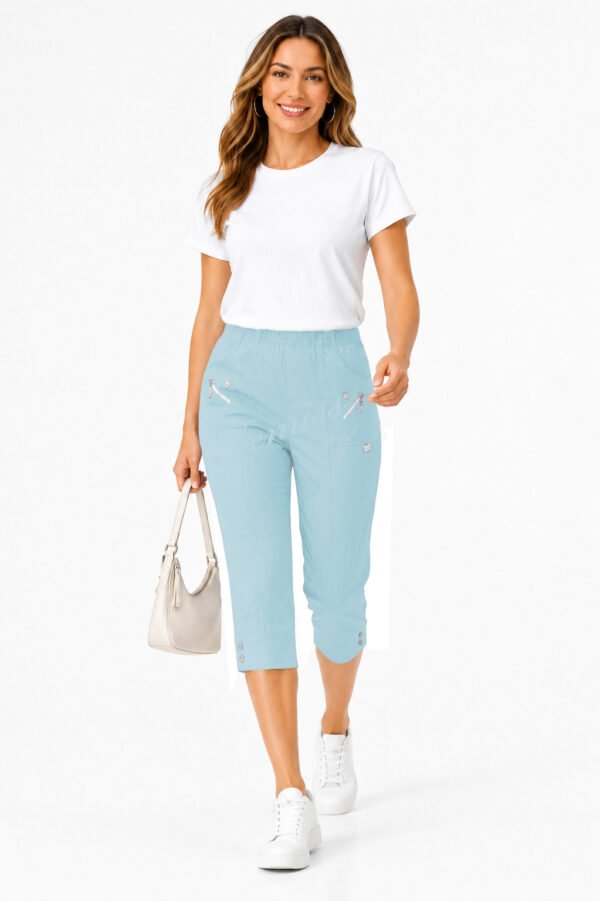 Women's Cropped Trousers with Elasticated Waist – Sky Blue | Soft Stretch Capri 3/4 Summer Pants with Pockets