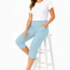 Women's Cropped Trousers with Elasticated Waist – Sky Blue | Soft Stretch Capri 3/4 Summer Pants with Pockets