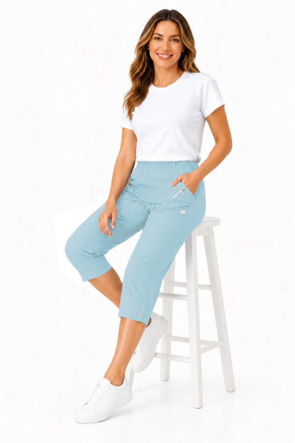 Women's Cropped Trousers with Elasticated Waist – Sky Blue | Soft Stretch Capri 3/4 Summer Pants with Pockets
