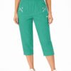 Women's Cropped Trousers with Elasticated Waist – Teal | Soft Stretch Capri 3/4 Summer Pants with Pockets