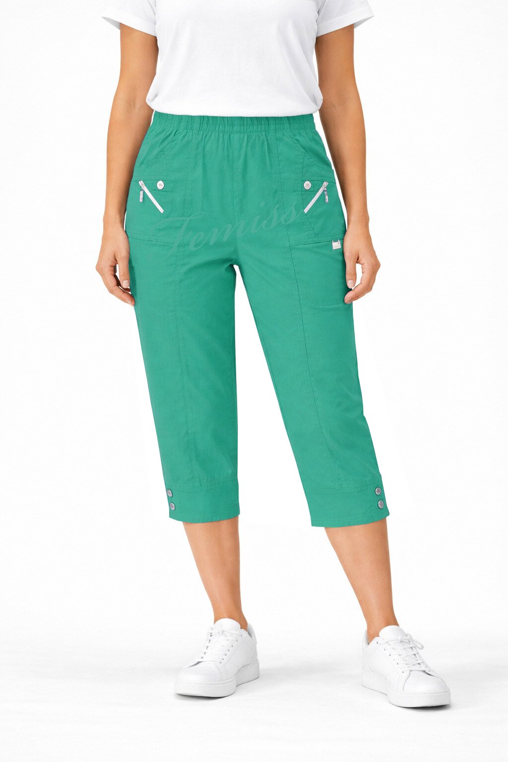 Women's Cropped Trousers with Elasticated Waist – Teal | Soft Stretch Capri 3/4 Summer Pants with Pockets