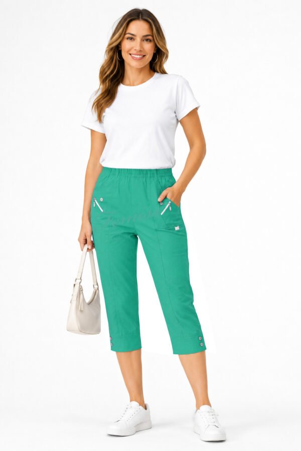 Women's Cropped Trousers with Elasticated Waist – Teal | Soft Stretch Capri 3/4 Summer Pants with Pockets