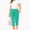 Women's Cropped Trousers with Elasticated Waist – Teal | Soft Stretch Capri 3/4 Summer Pants with Pockets