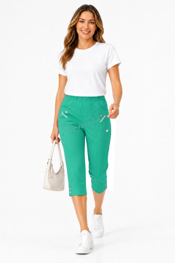 Women's Cropped Trousers with Elasticated Waist – Teal | Soft Stretch Capri 3/4 Summer Pants with Pockets