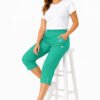Women's Cropped Trousers with Elasticated Waist – Teal | Soft Stretch Capri 3/4 Summer Pants with Pockets