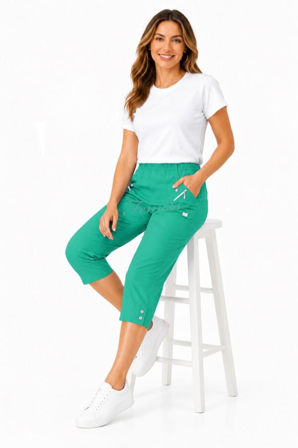 Women's Cropped Trousers with Elasticated Waist – Teal | Soft Stretch Capri 3/4 Summer Pants with Pockets
