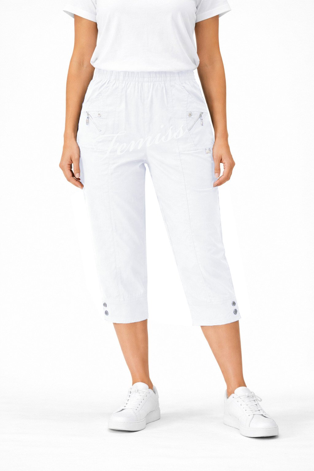 CVB-WHT-1 Women's Cropped Trousers with Elasticated Waist – White | Soft Stretch Capri 3/4 Summer Pants with Pockets