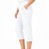 Women's Cropped Trousers with Elasticated Waist – White | Soft Stretch Capri 3/4 Summer Pants with Pockets