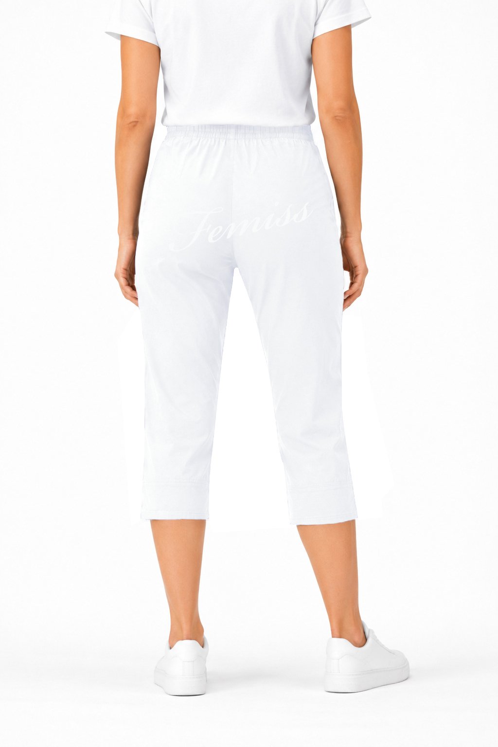 Women's Cropped Trousers with Elasticated Waist – White | Soft Stretch Capri 3/4 Summer Pants with Pockets