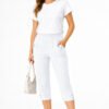 Women's Cropped Trousers with Elasticated Waist – White | Soft Stretch Capri 3/4 Summer Pants with Pockets