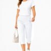Women's Cropped Trousers with Elasticated Waist – White | Soft Stretch Capri 3/4 Summer Pants with Pockets