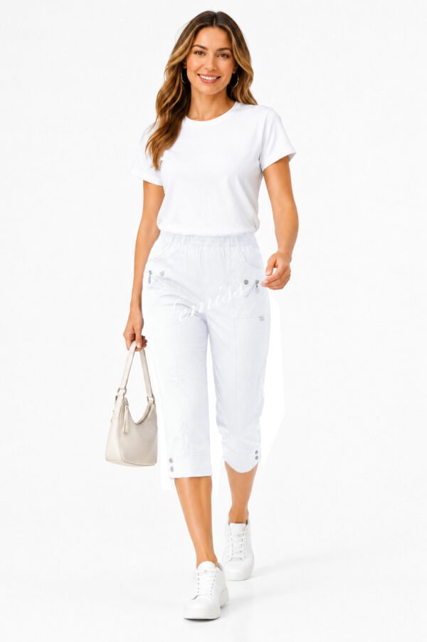 Women's Cropped Trousers with Elasticated Waist – White | Soft Stretch Capri 3/4 Summer Pants with Pockets