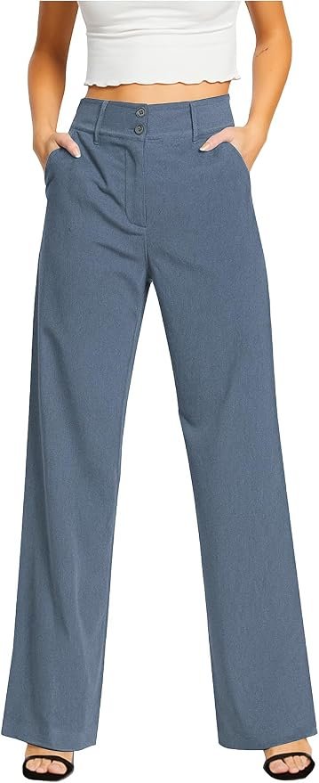 Femiss Women's Denim Blue Wide Leg Trousers – High Waisted Tailored Relaxed Fit Office Work Pants