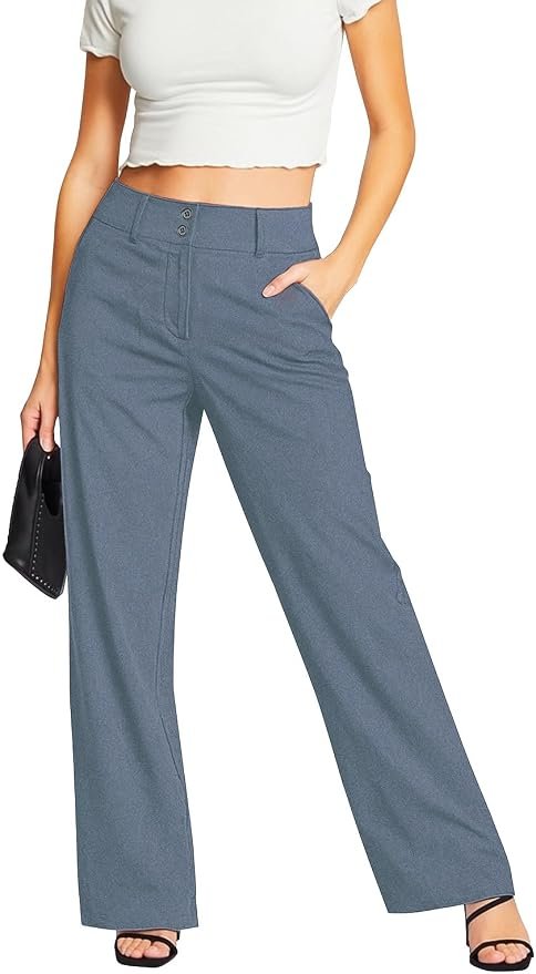 Femiss Women's Denim Blue Wide Leg Trousers – High Waisted Tailored Relaxed Fit Office Work Pants
