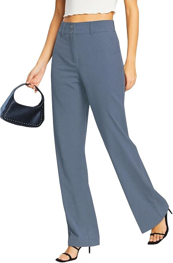Femiss Women's Denim Blue Wide Leg Trousers – High Waisted Tailored Relaxed Fit Office Work Pants