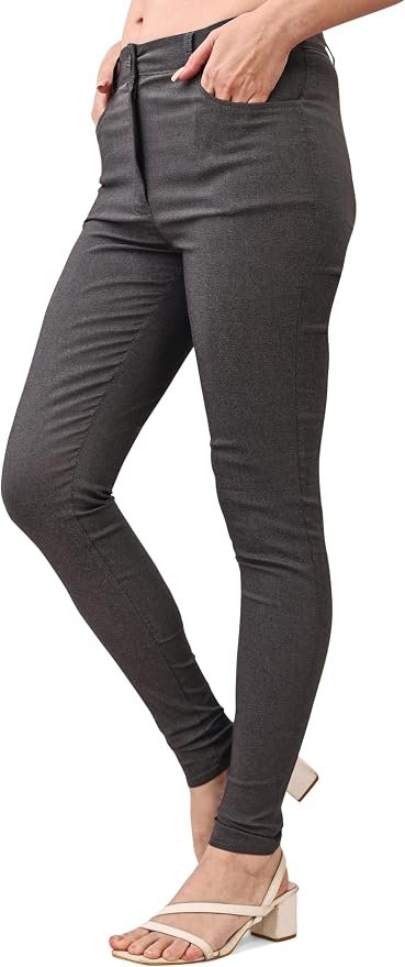 Grey-1 Women's Skinny Stretch Trousers – Grey | Smart Casual Office & School Uniform Pants with Pockets