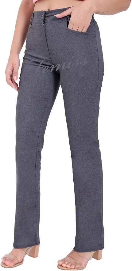Femiss Women's Grey Straight Leg Trousers – High Waisted Stretch School & Office Work Pants