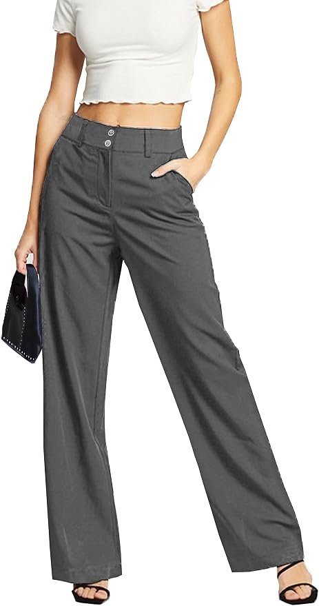 Femiss Women's Grey Wide Leg Trousers – High Waisted Tailored Relaxed Fit Office Work Pants