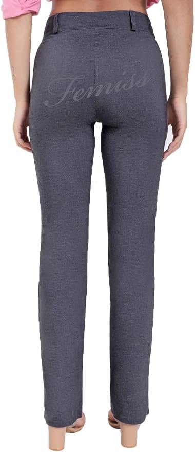 Femiss Women's Grey Straight Leg Trousers – High Waisted Stretch School & Office Work Pants