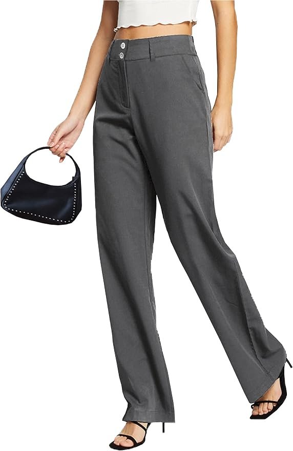 Femiss Women's Grey Wide Leg Trousers – High Waisted Tailored Relaxed Fit Office Work Pants