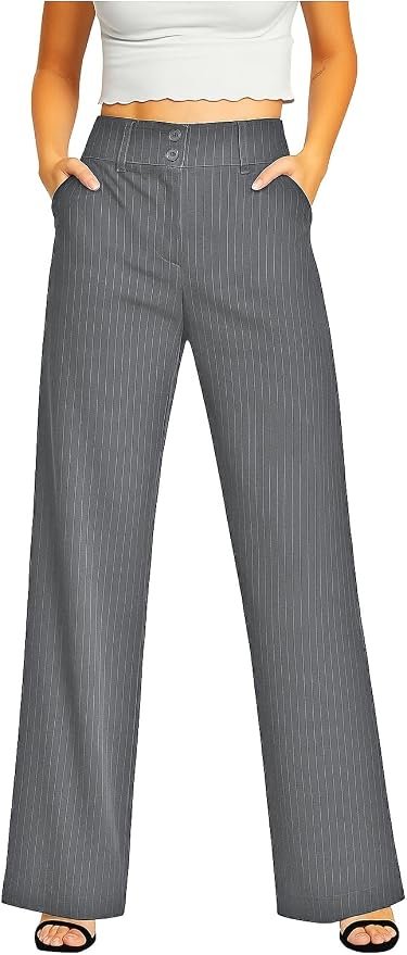 Femiss Women's Grey Stripe Wide Leg Trousers – High Waisted Tailored Relaxed Fit Office Work Pants