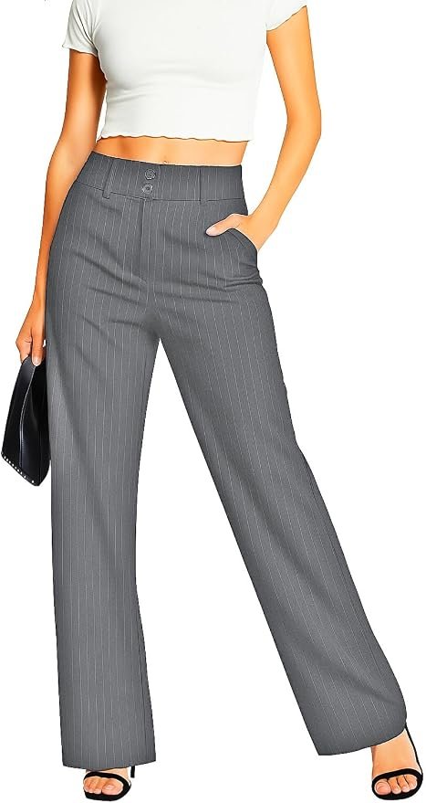Femiss Women's Grey Stripe Wide Leg Trousers – High Waisted Tailored Relaxed Fit Office Work Pants