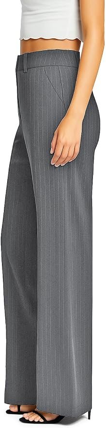 Femiss Women's Grey Stripe Wide Leg Trousers – High Waisted Tailored Relaxed Fit Office Work Pants