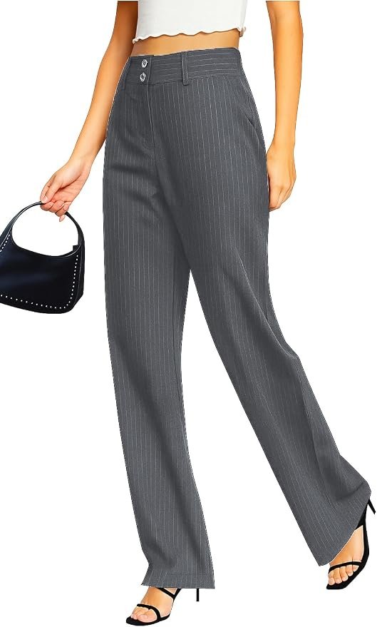 Femiss Women's Grey Stripe Wide Leg Trousers – High Waisted Tailored Relaxed Fit Office Work Pants