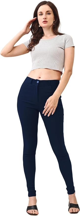 Women's Skinny Stretch Trousers – Navy Blue | Smart Casual Office & School Uniform Pants with Pockets