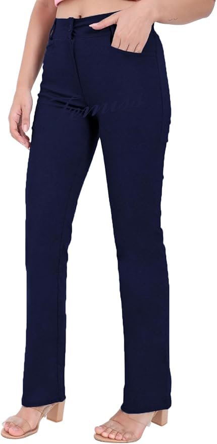 Femiss Women's Navy Blue Straight Leg Trousers – High Waisted Stretch School & Office Work Pants