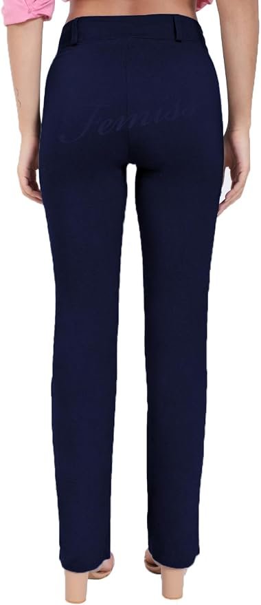 Femiss Women's Navy Blue Straight Leg Trousers – High Waisted Stretch School & Office Work Pants
