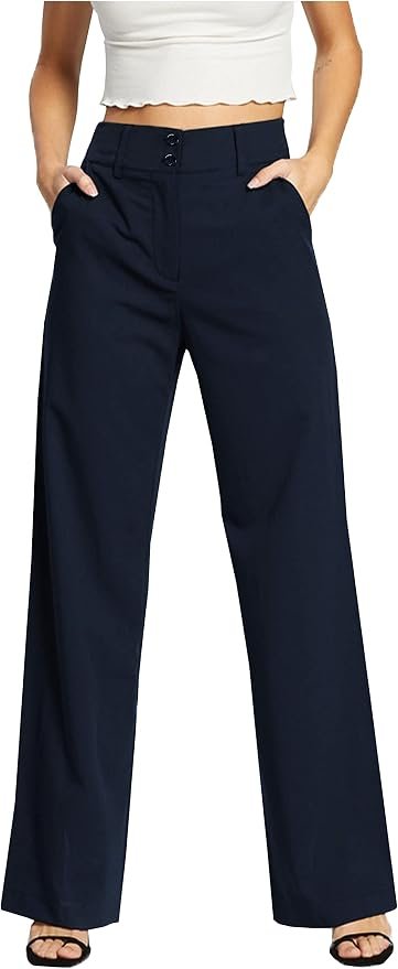 Femiss Women's Navy Blue Wide Leg Trousers – High Waisted Tailored Relaxed Fit Office Work Pants