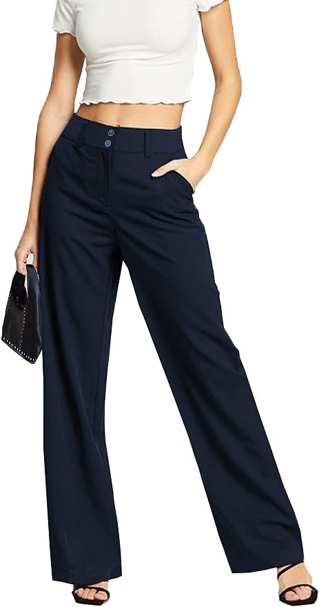 Femiss Women's Navy Blue Wide Leg Trousers – High Waisted Tailored Relaxed Fit Office Work Pants