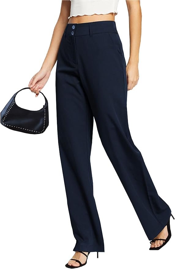 Femiss Women's Navy Blue Wide Leg Trousers – High Waisted Tailored Relaxed Fit Office Work Pants