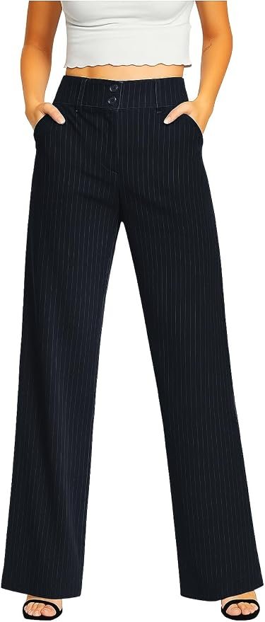 Femiss Women's Navy Stripe Wide Leg Trousers – High Waisted Tailored Relaxed Fit Office Work Pants
